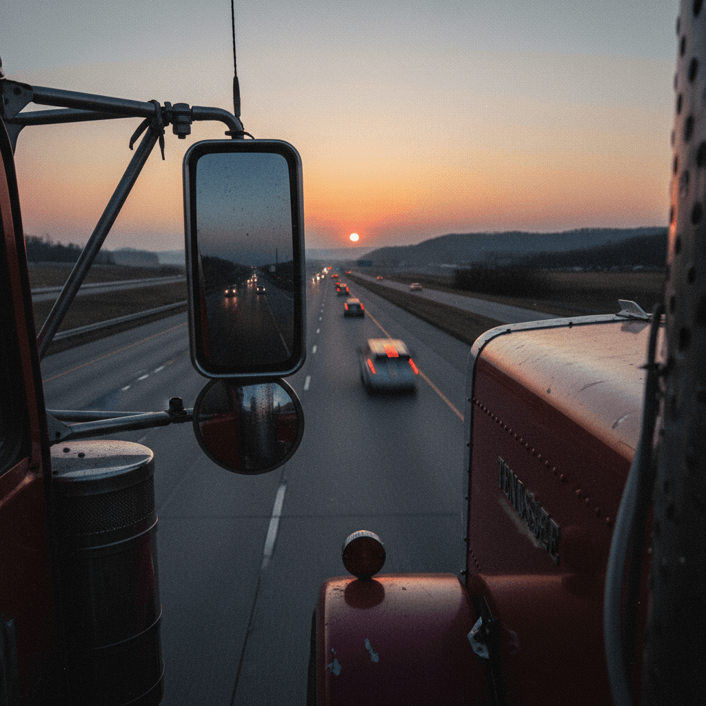 Semi-truck reflecting Tennessee highway at dusk