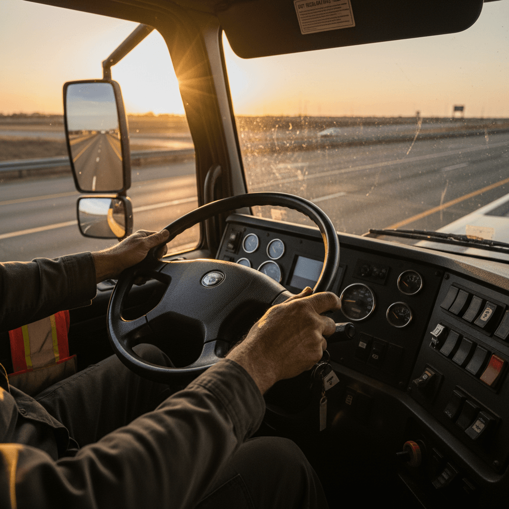 Semi-truck on open highway through Tennessee hills during golden hour