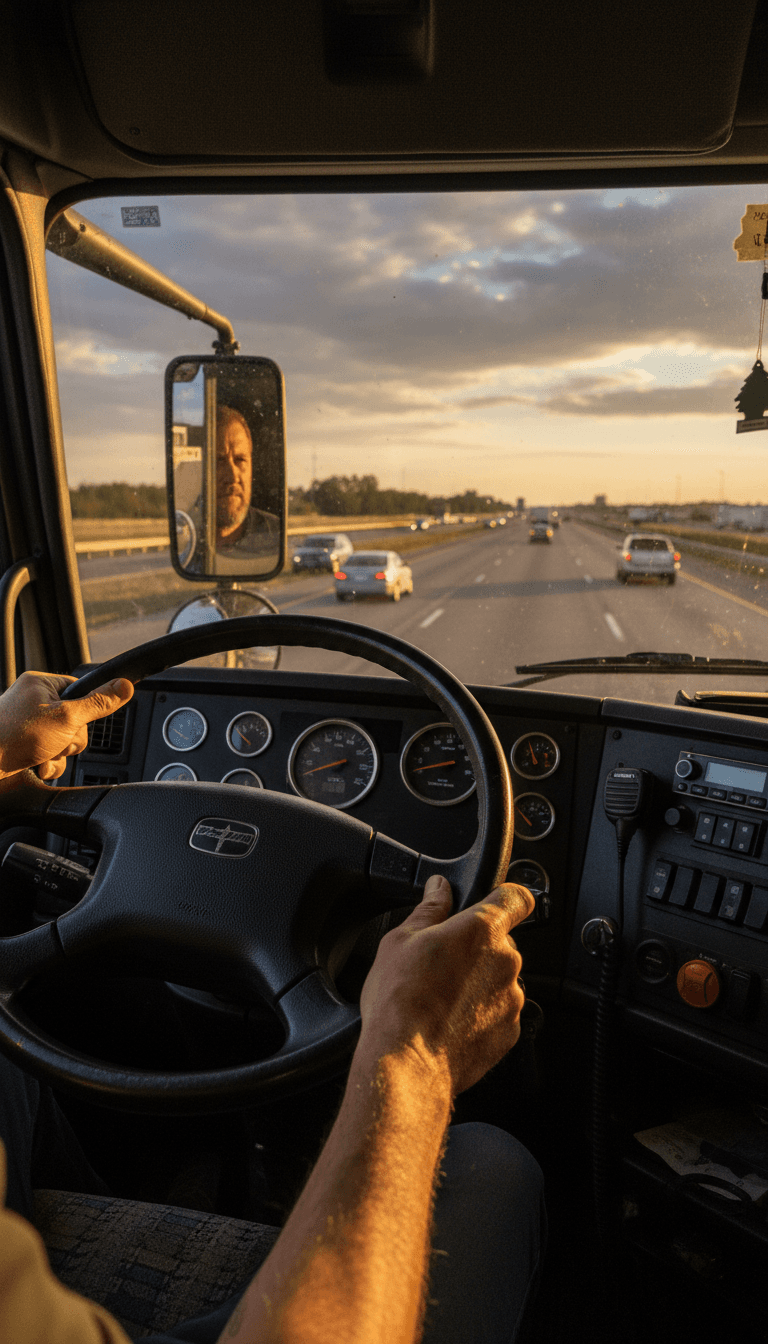 Semi truck on open interstate highway at golden hour
