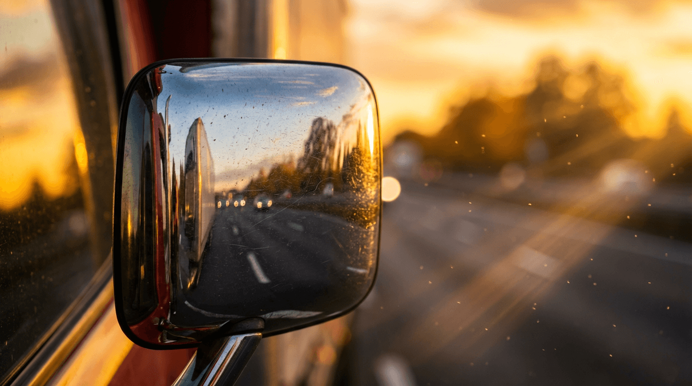 Truck side mirror reflecting highway at dusk
