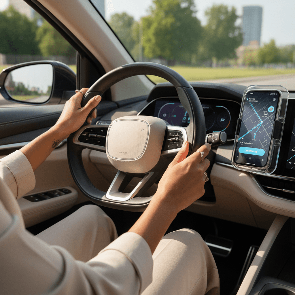 Driver's hand holding smartphone with blurred route map