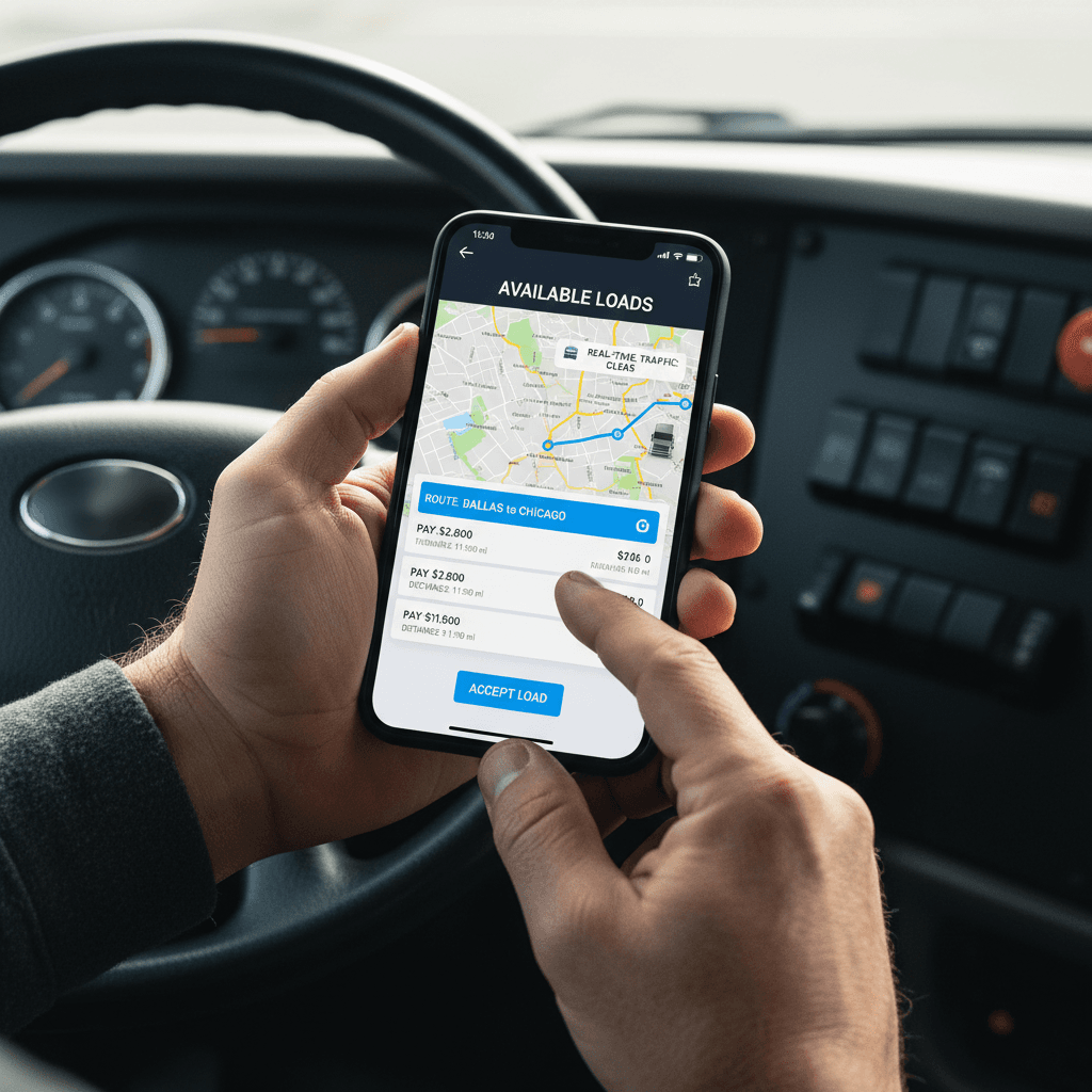 Smartphone on a truck dashboard showing GPS route
