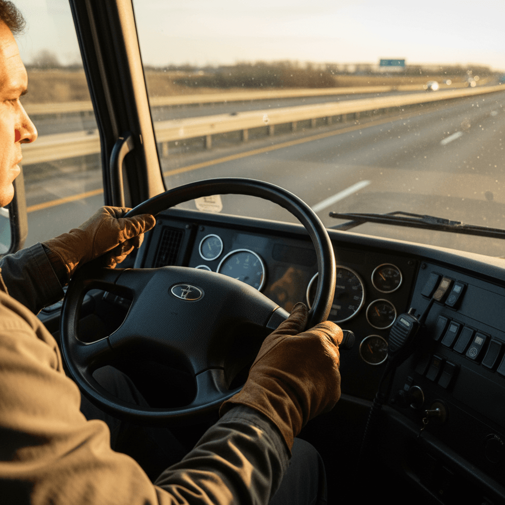 Hands on steering wheel of a semi-truck on highway